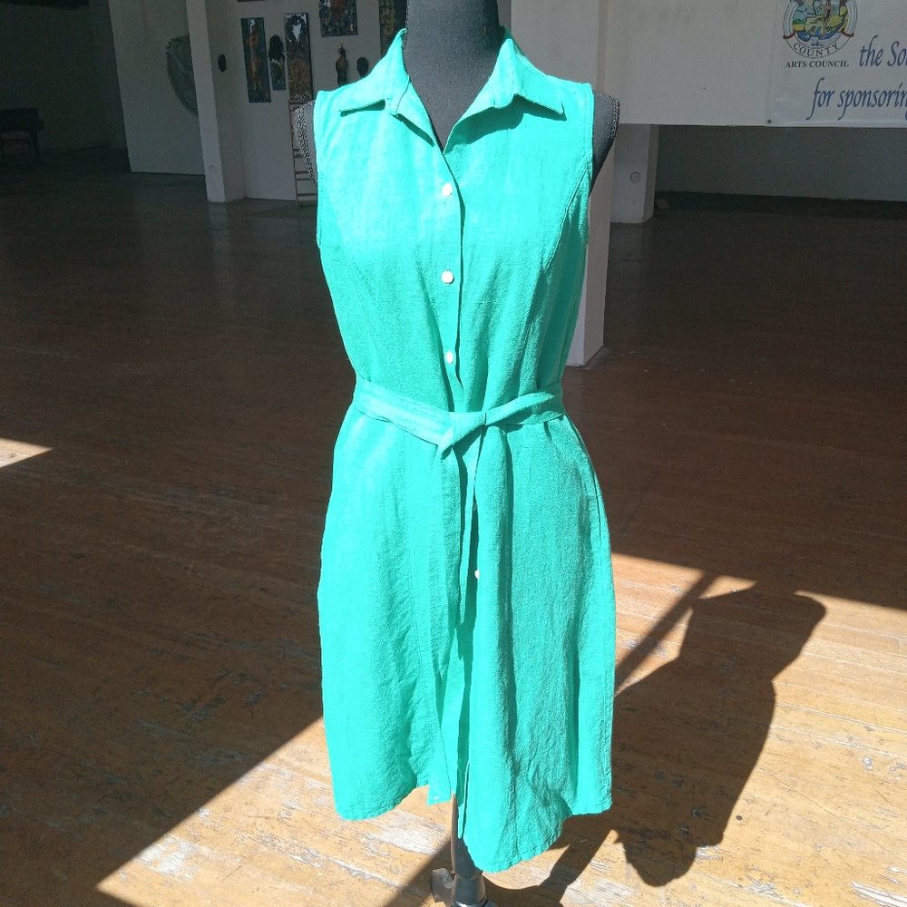 Lands In Ocean blue/teal linen/cotton blend button-down with fabric belt